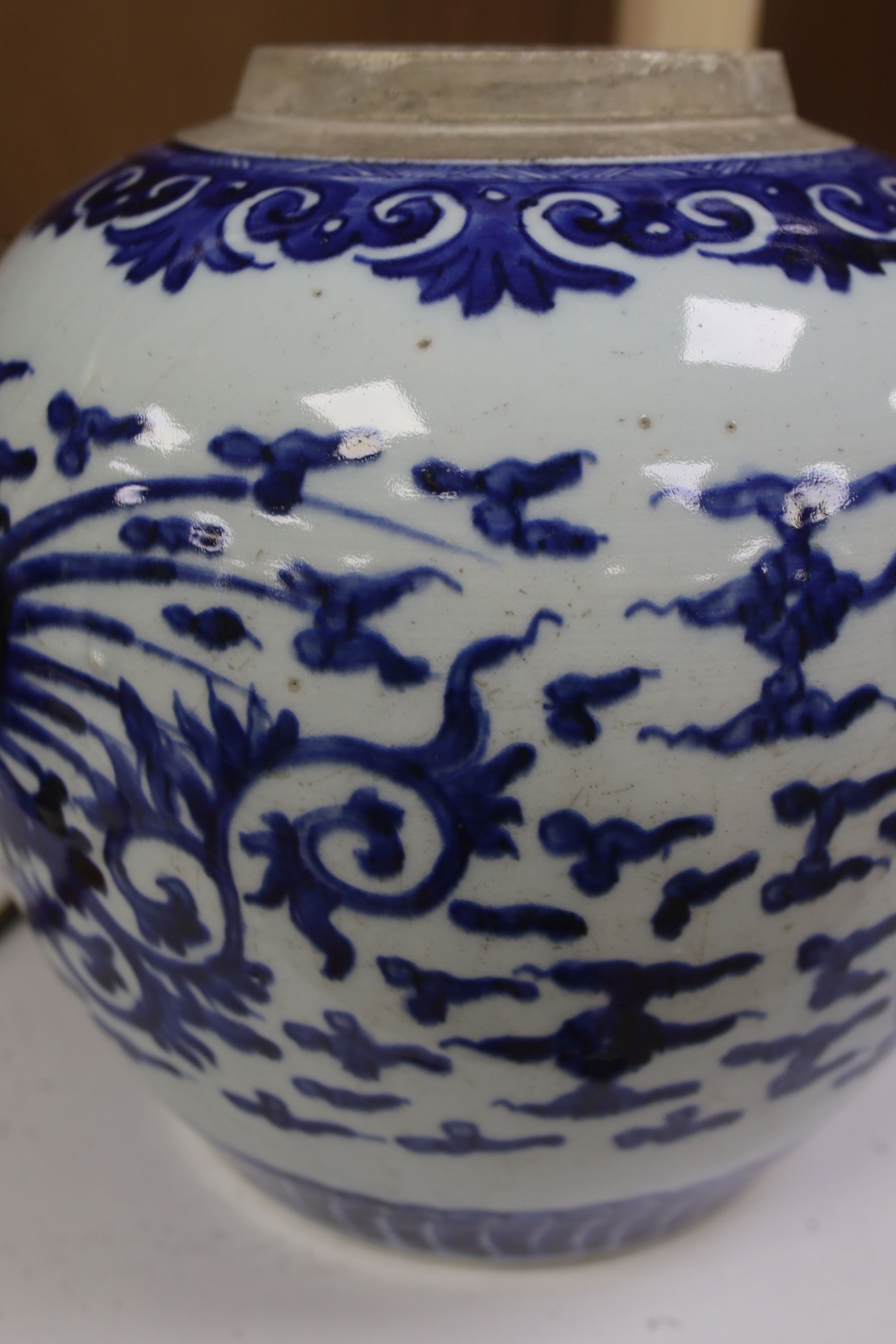 A Chinese blue and white ‘phoenix’ jar, 18th/19th century, 23 cm high